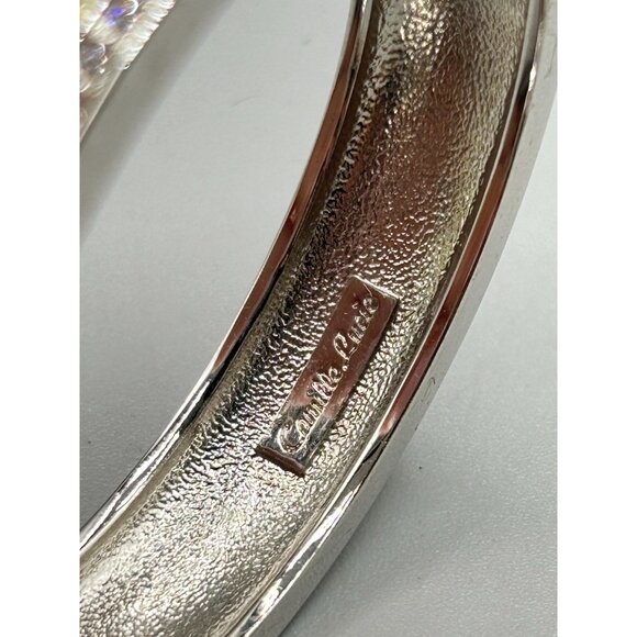 Signed Camille Lucie Hinged Bangle Bracelet Yellow Green Enamel and Rhinestones - Picture 5 of 8